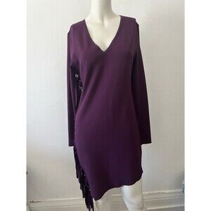 Ayhan Size Small Turkish Purple Black Trim V Neck Fringe Trim Western Dress